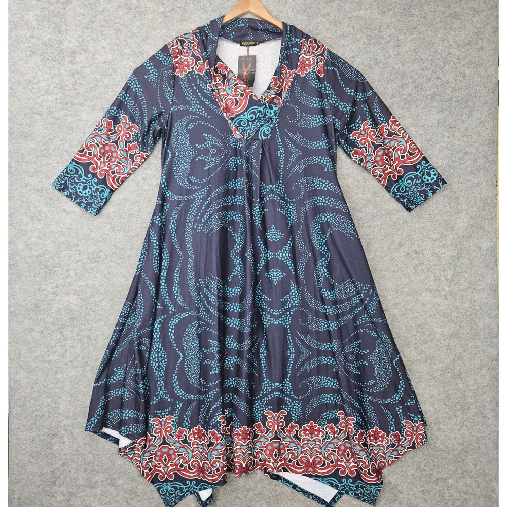 NEW Reborn Dress Women's Blue/Multi 3X Paisley Sharkbite Hem 3/4 Sleeve V-Neck